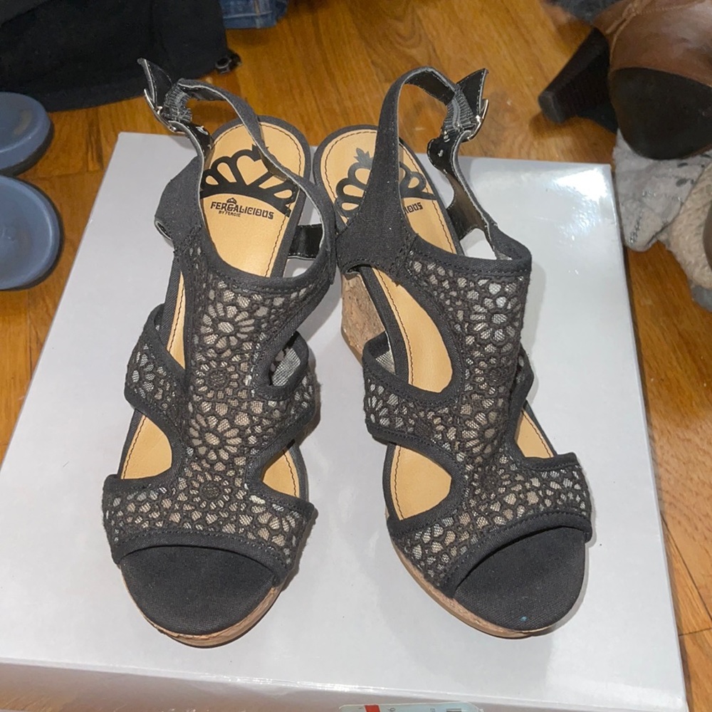 Black lace wedge sandals